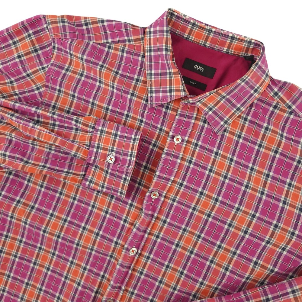 Hugo Boss Shirt Mens XL Pink Plaid Long Sleeve Button Up Slim Fit Casual Cotton